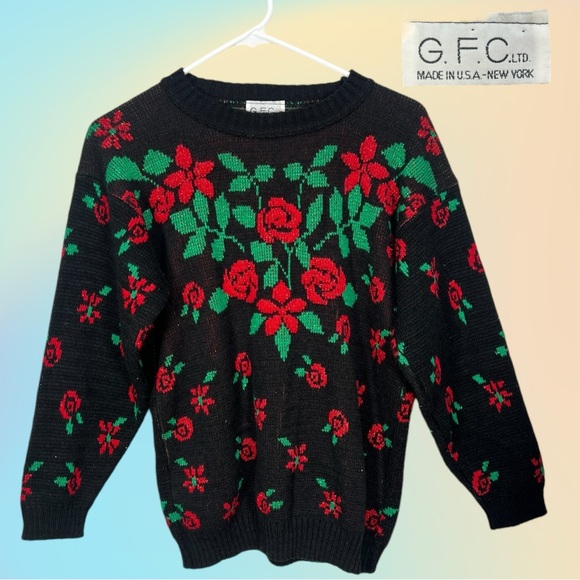 VTG G.F.C Ltd Black w/ metallic Red & Green Floral Acrylic Pullover Sweater - Picture 1 of 7
